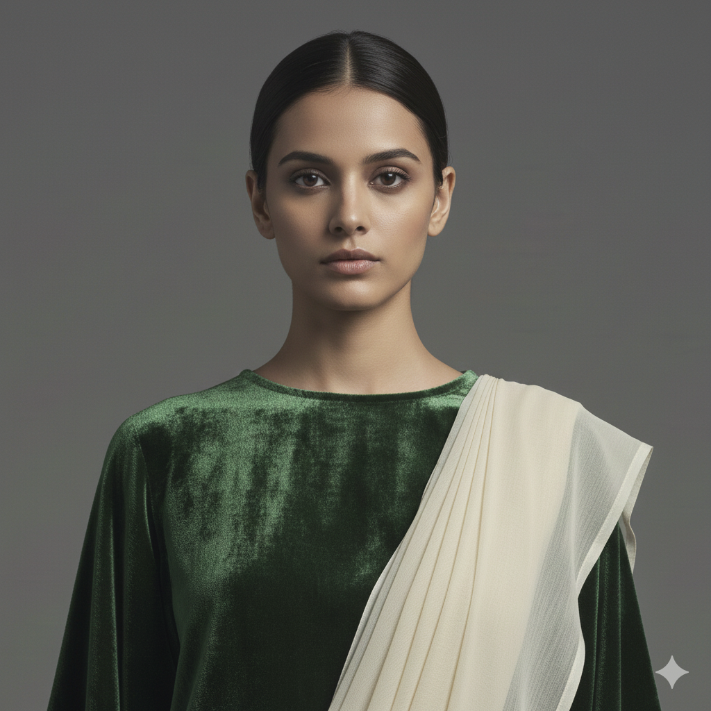 Cream georgette saree styled with green velvet blouse for elegant ethnic contrast