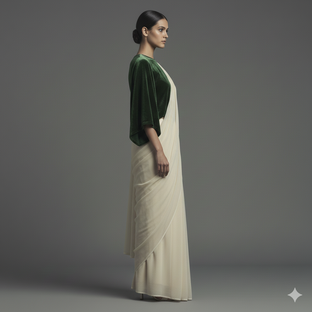 Cream georgette saree styled with green velvet blouse for elegant ethnic contrast