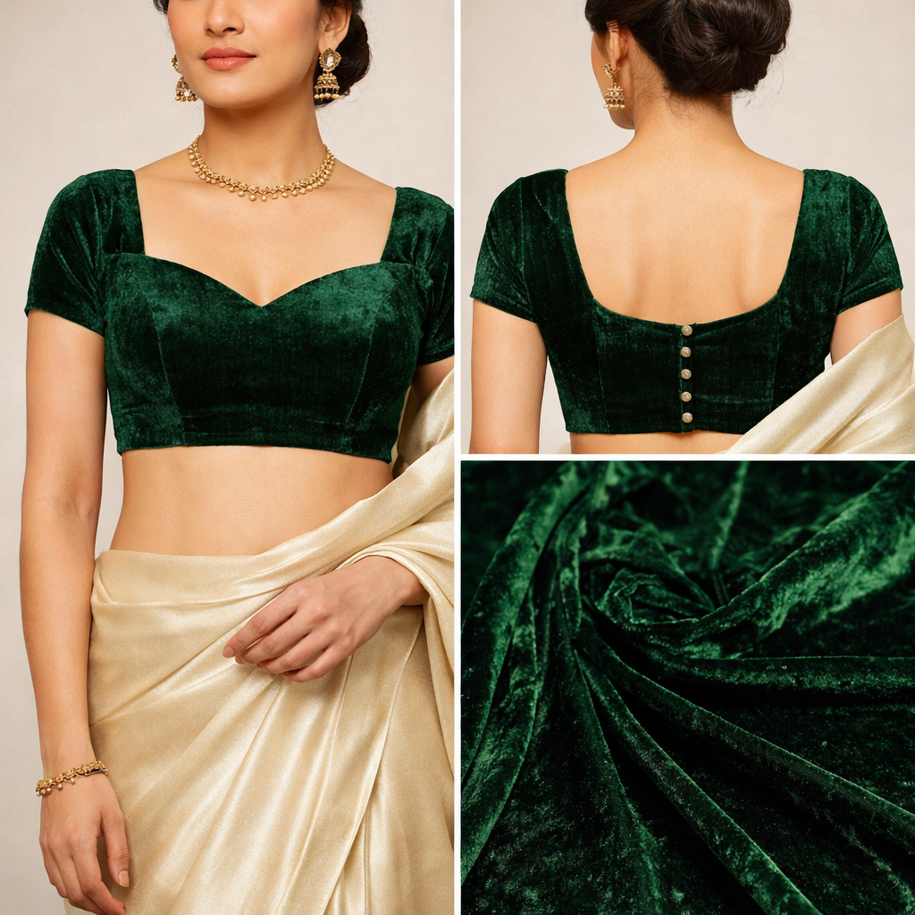 Plain Velvet Fabric Green – 1 Meter Unstitched Blouse Fabric | 44 Inch Width | 220 GSM