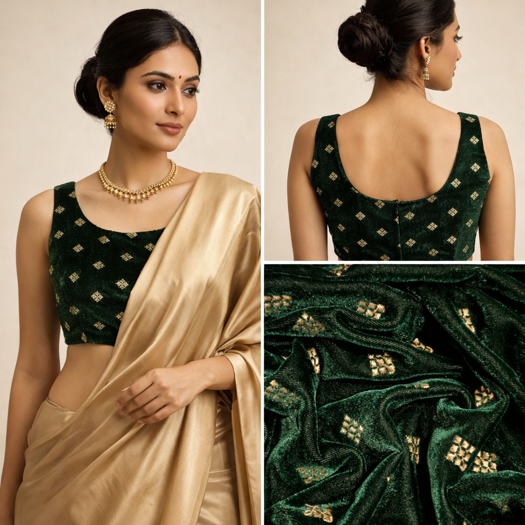 Green Square Embroidery Velvet Fabric – Designer Work | 1 Meter
