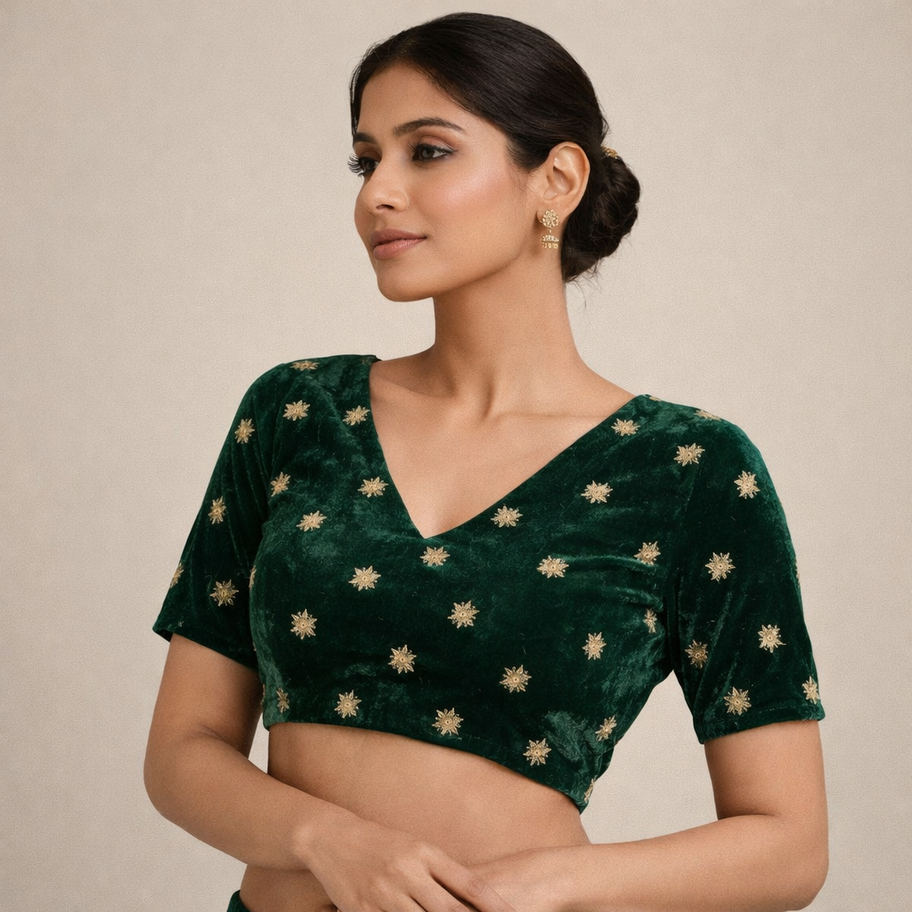 Green Star Embroidery Velvet Fabric – Designer Embroidered Velvet for Lehenga, Blouse & Gown – 44 Inch Width – 1 Meter