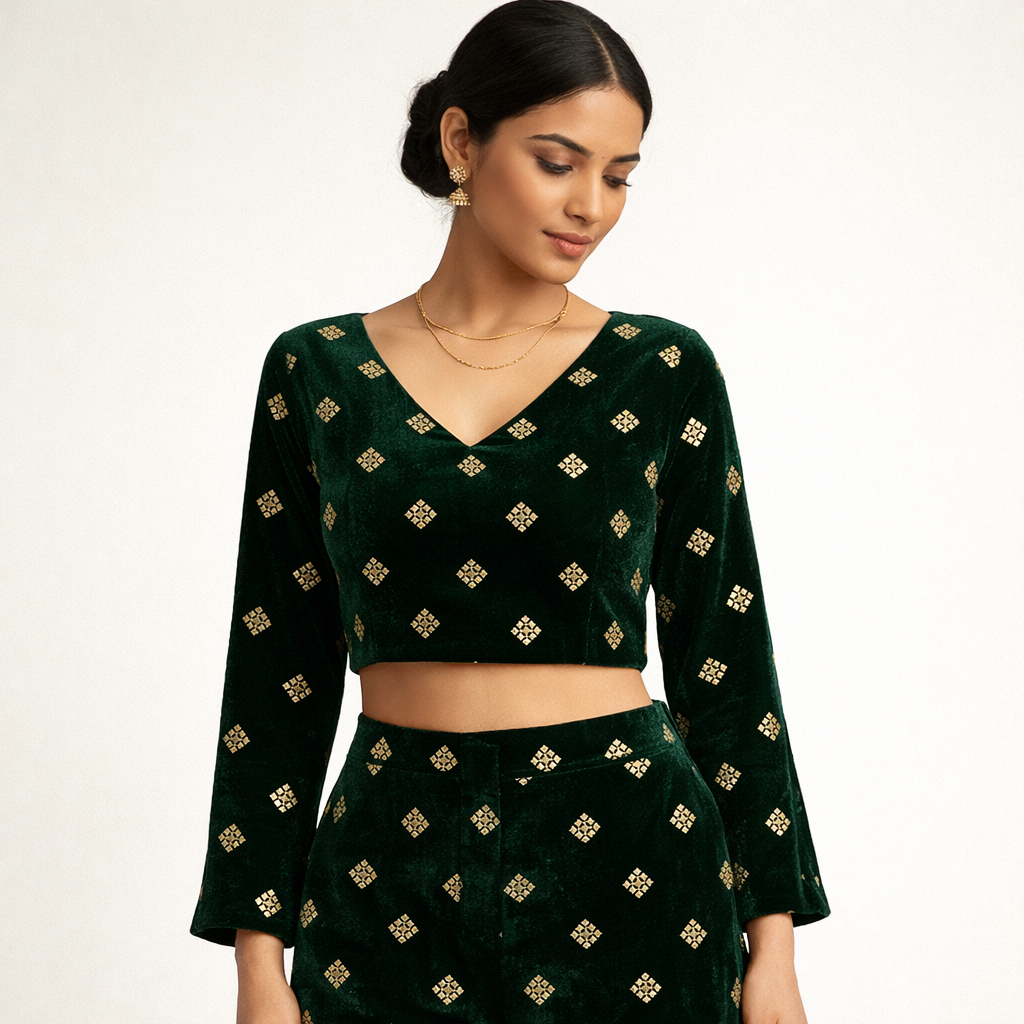 Green Square Embroidery Velvet Fabric – Designer Work | 1 Meter
