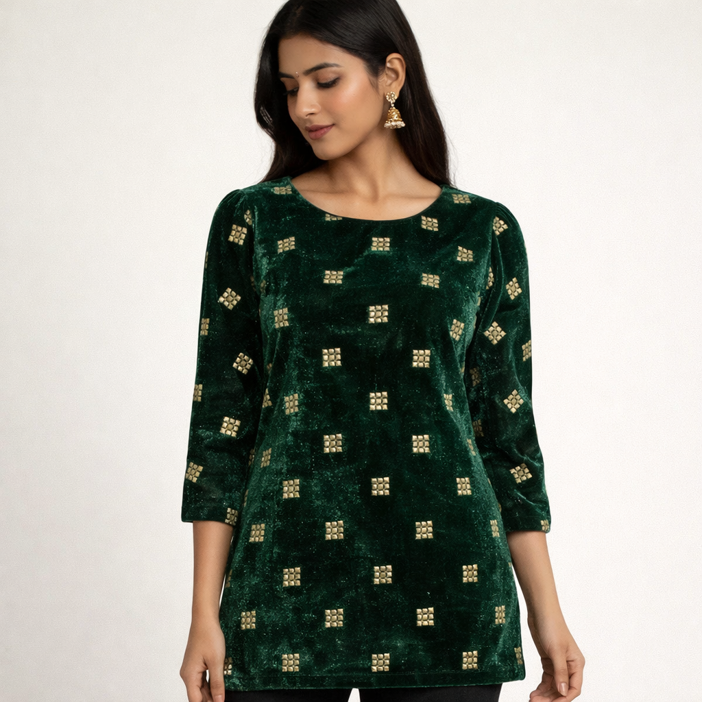 Green Square Embroidery Velvet Fabric – Designer Work | 1 Meter