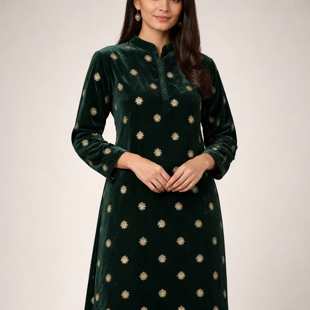 Green Star Embroidery Velvet Fabric – Designer Embroidered Velvet for Lehenga, Blouse & Gown – 44 Inch Width – 1 Meter