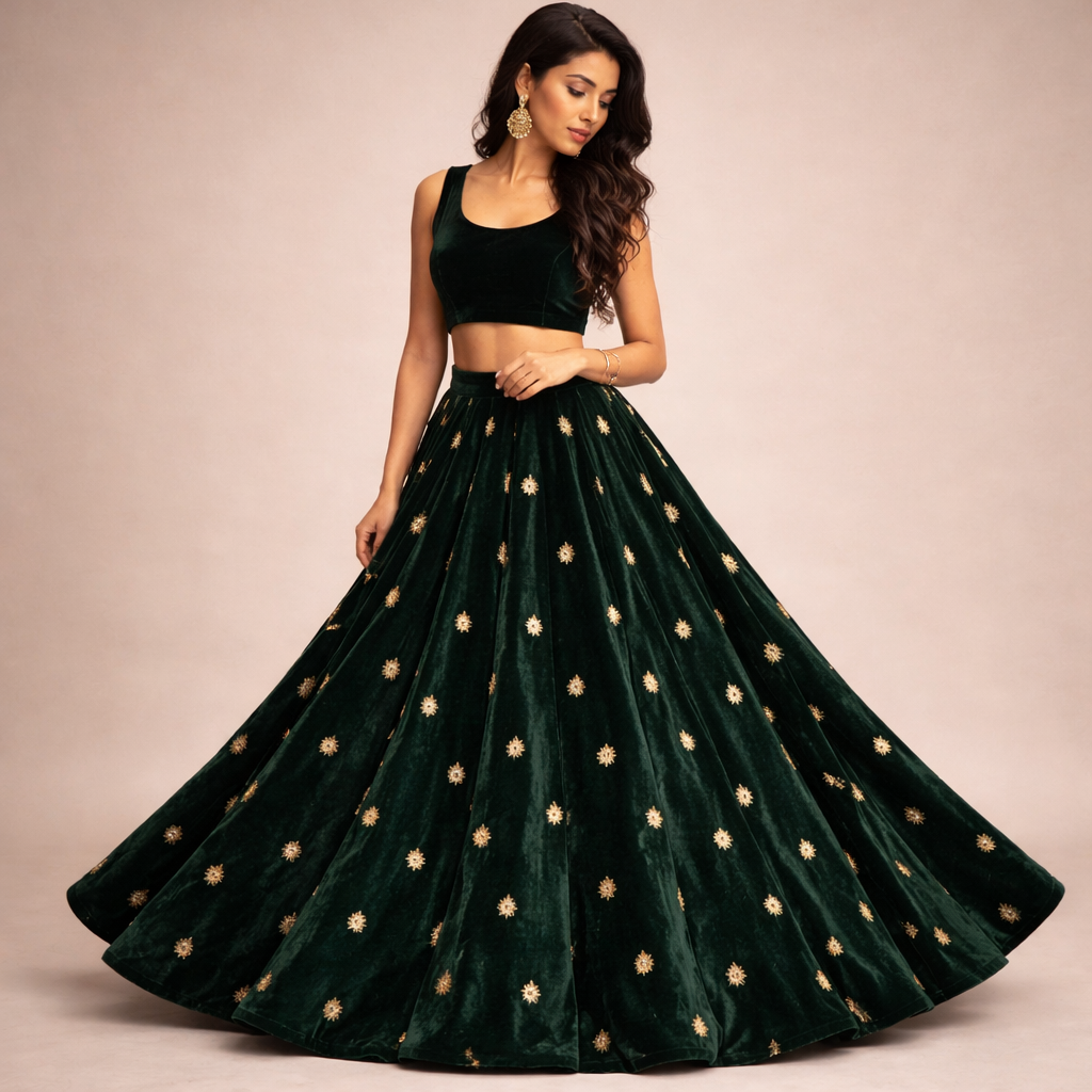 Green Star Embroidery Velvet Fabric – Designer Embroidered Velvet for Lehenga, Blouse & Gown – 44 Inch Width – 1 Meter