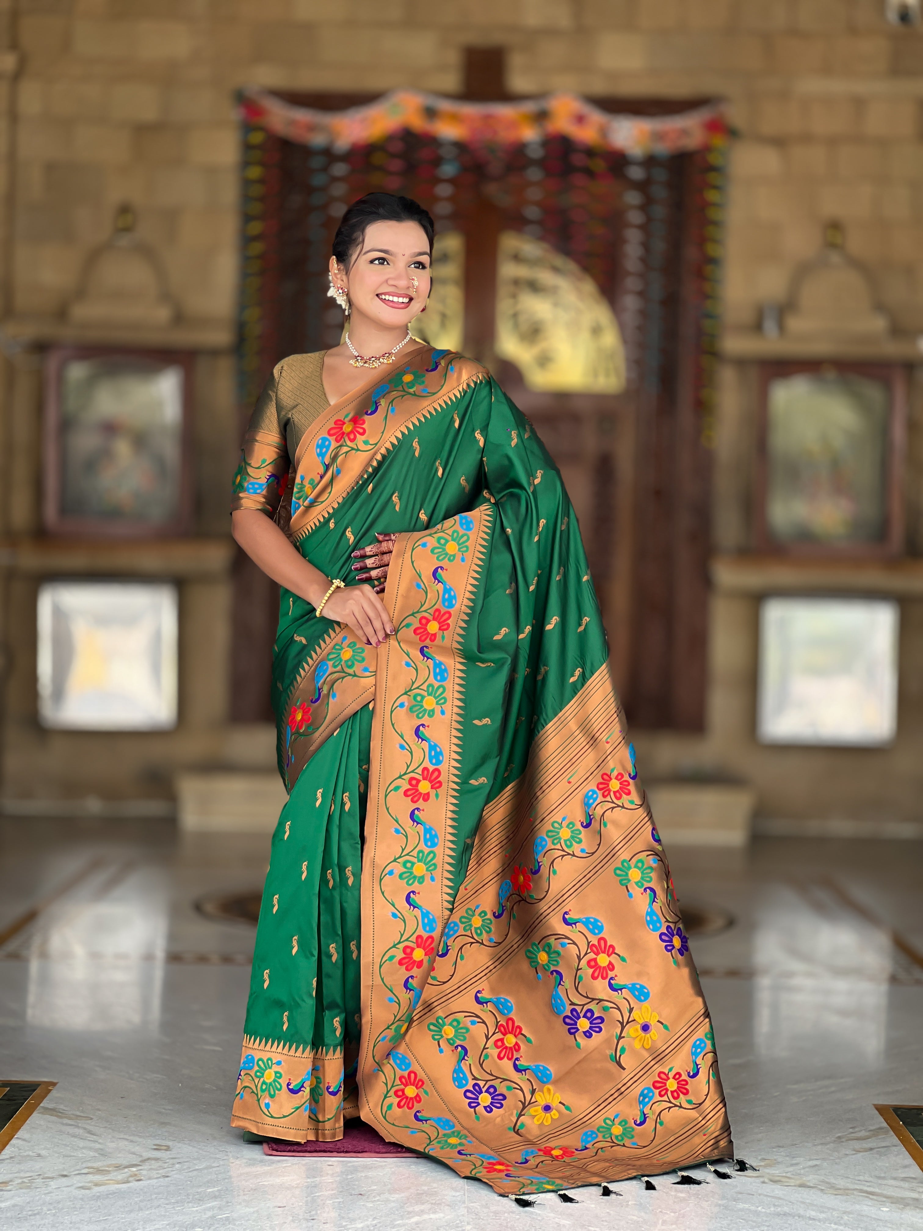 Soft Paithani silk saree with zari weaving and Meenakari motifs and rich woven pallu by Weave