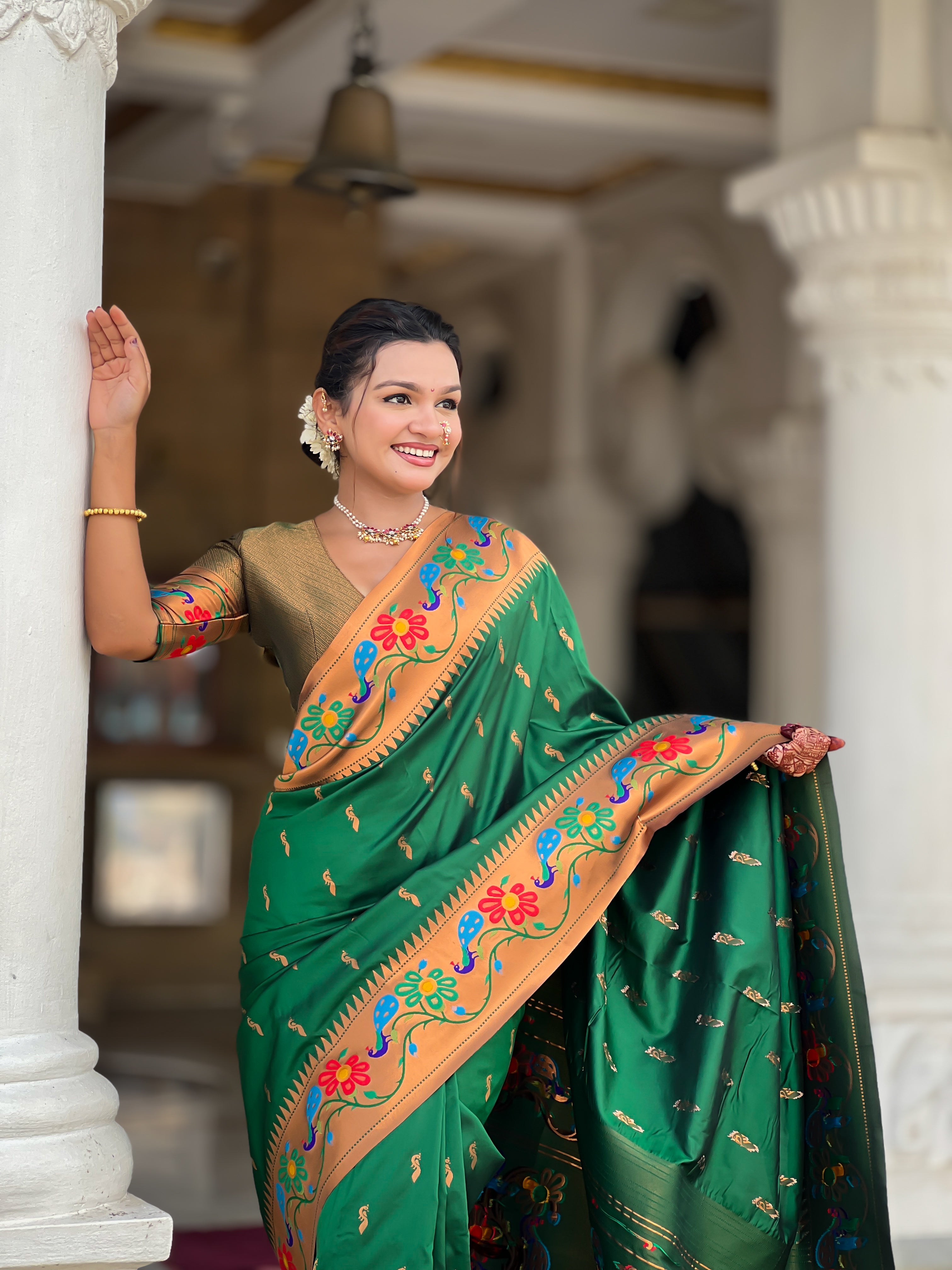 Soft Paithani silk saree with zari weaving and Meenakari motifs and rich woven pallu by Weave