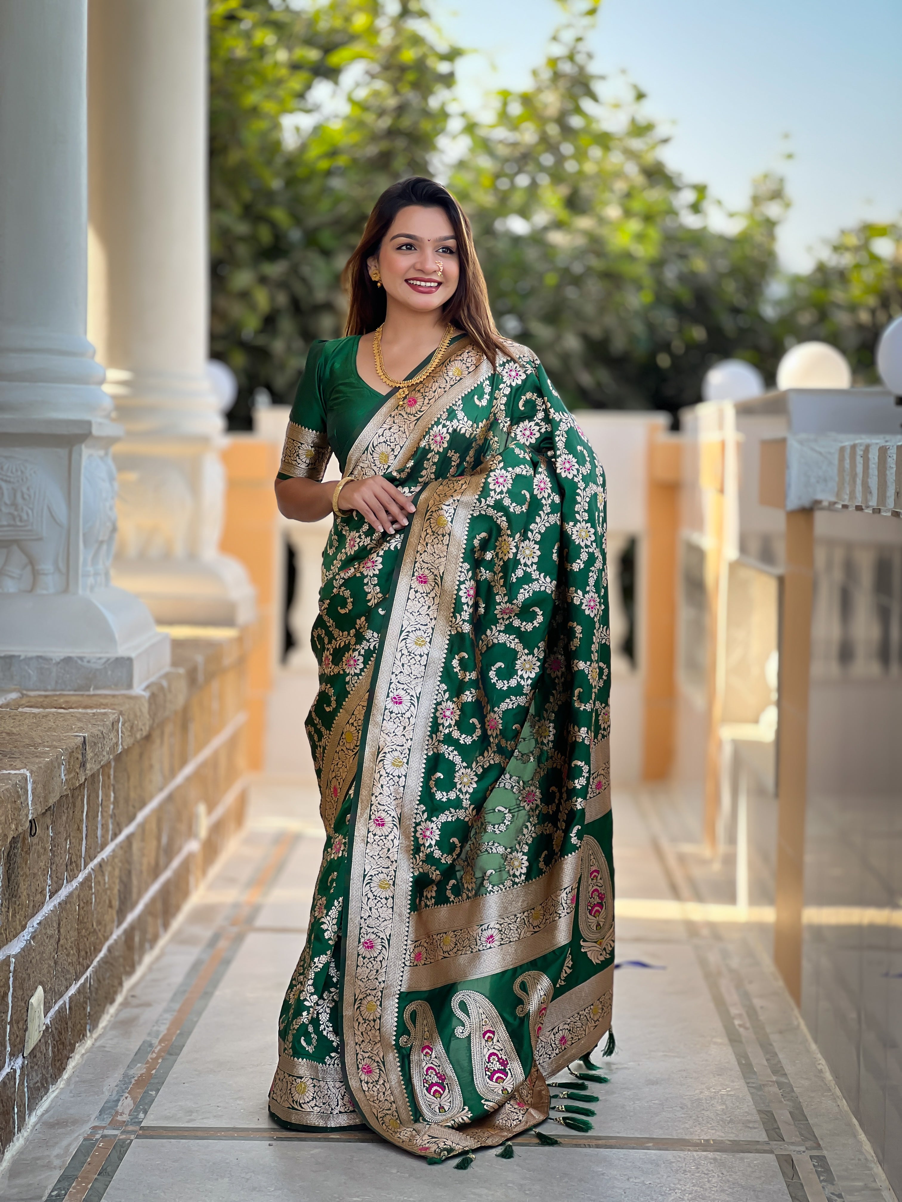 Soft Banarasi Silk Saree; Pure Silk Zari Weaving Saree; Traditional Meenakari Work Banarasi Sari; Rich Woven Pallu; Tassels on Pallu; Matching Soft Silk Woven Blouse Piece