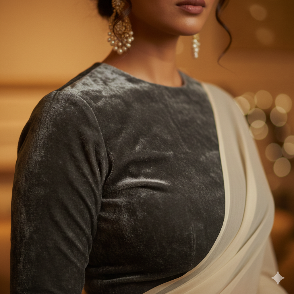 Cream georgette saree paired with grey velvet blouse for subtle elegant contrast
