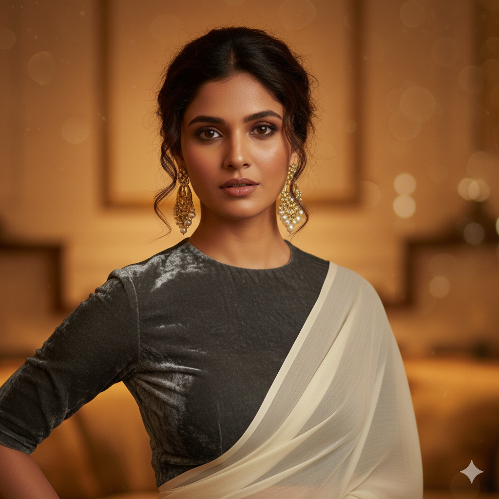 Cream georgette saree paired with grey velvet blouse for subtle elegant contrast