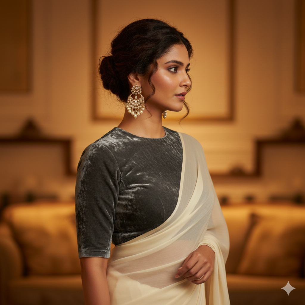 Cream georgette saree paired with grey velvet blouse for subtle elegant contrast
