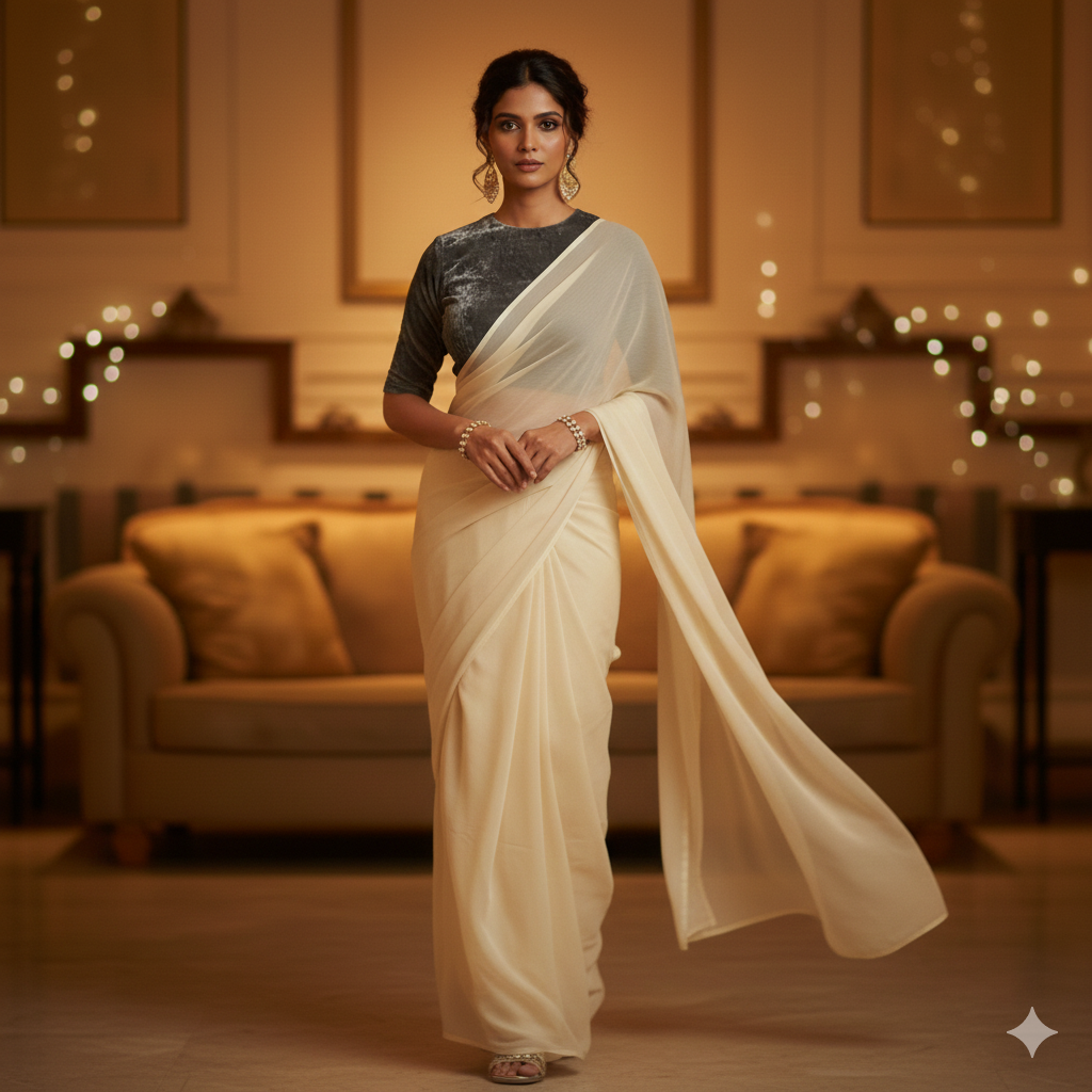Cream georgette saree paired with grey velvet blouse for subtle elegant contrast