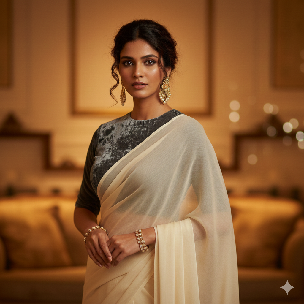 Cream georgette saree paired with grey velvet blouse for subtle elegant contrast