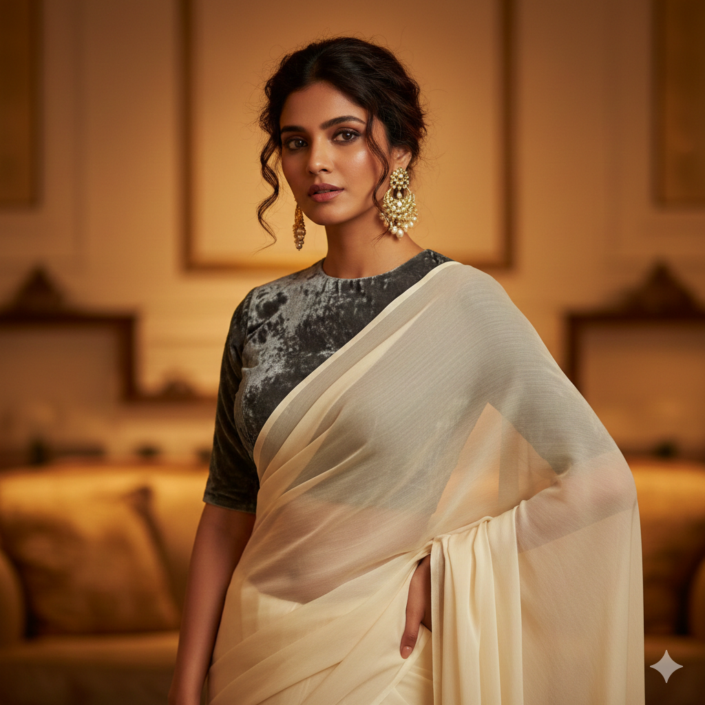 Cream georgette saree paired with grey velvet blouse for subtle elegant contrast