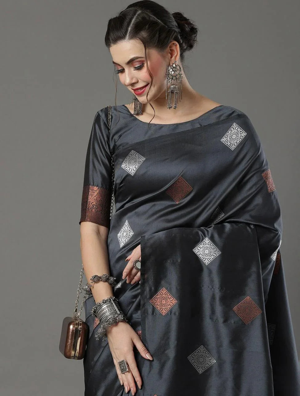 Banarasi Soft Silk Saree with Heavy Brocade and Copper-Silver Zari Weaving – Elegant Traditional Saree