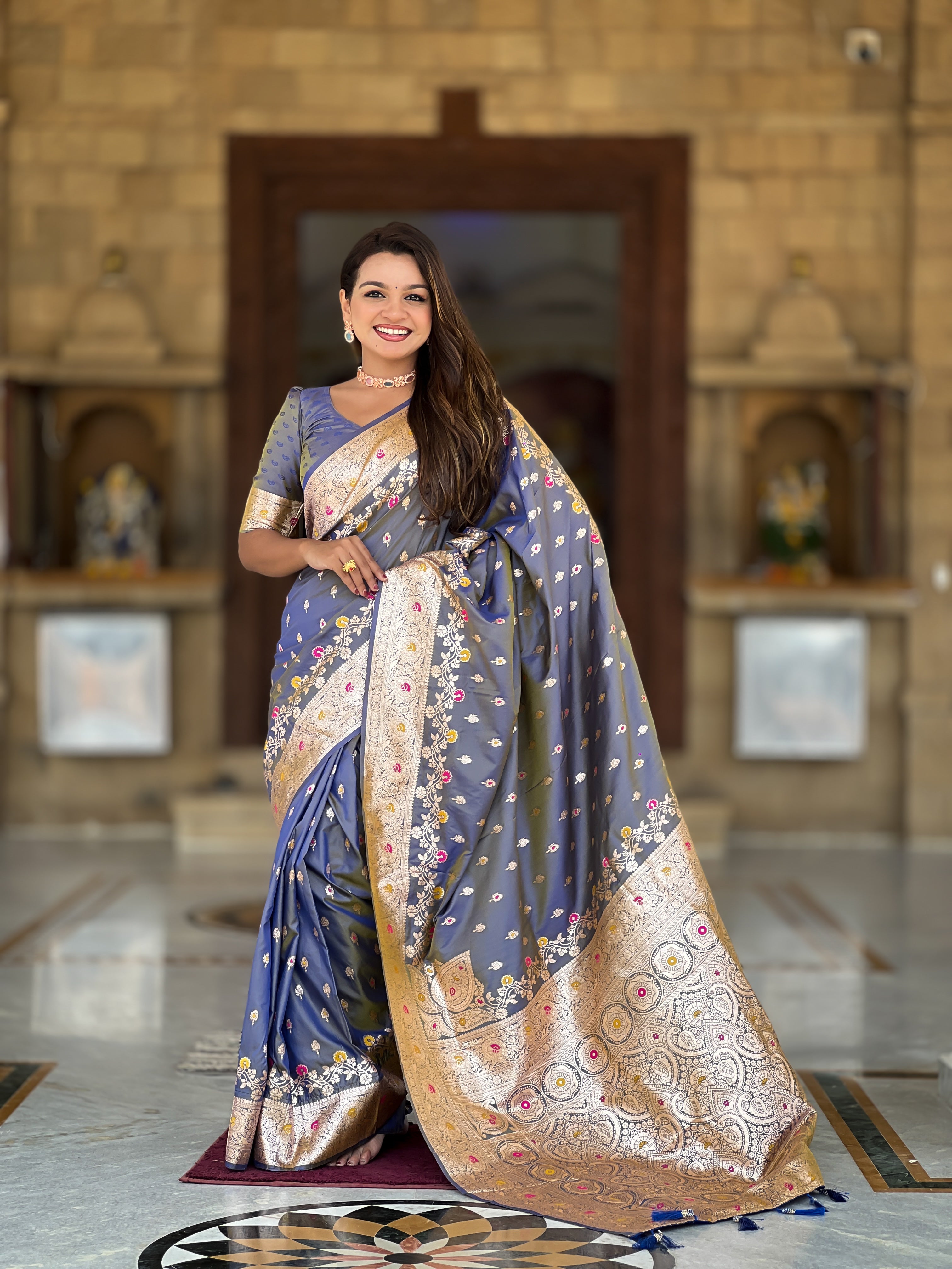Soft Banarasi Silk Saree; Pure Silk Zari Weaving Saree; Traditional Meenakari Work Banarasi Sari; Rich Woven Pallu; Tassels on Pallu; Matching Soft Silk Woven Blouse Piece