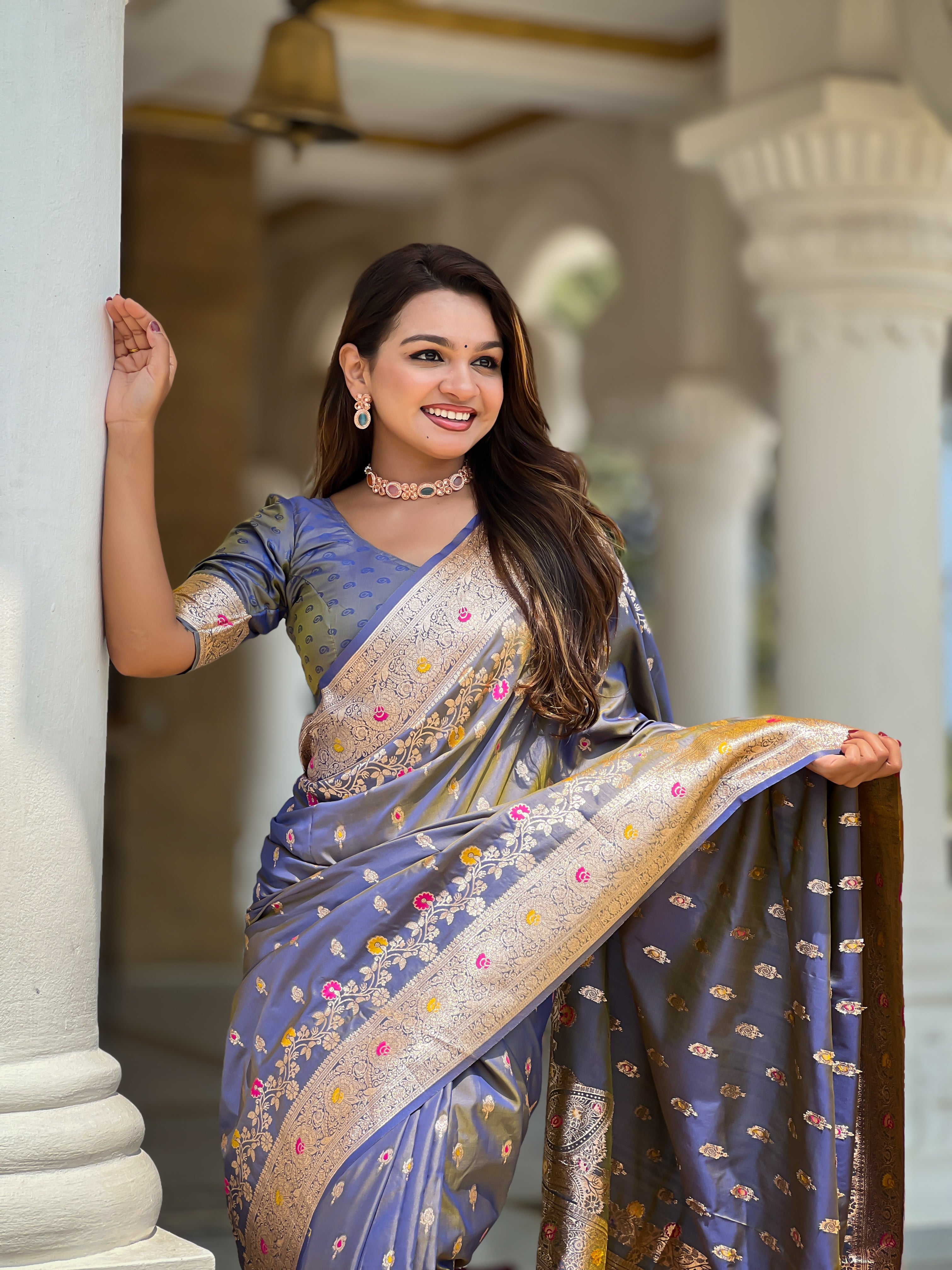 Soft Banarasi Silk Saree; Pure Silk Zari Weaving Saree; Traditional Meenakari Work Banarasi Sari; Rich Woven Pallu; Tassels on Pallu; Matching Soft Silk Woven Blouse Piece
