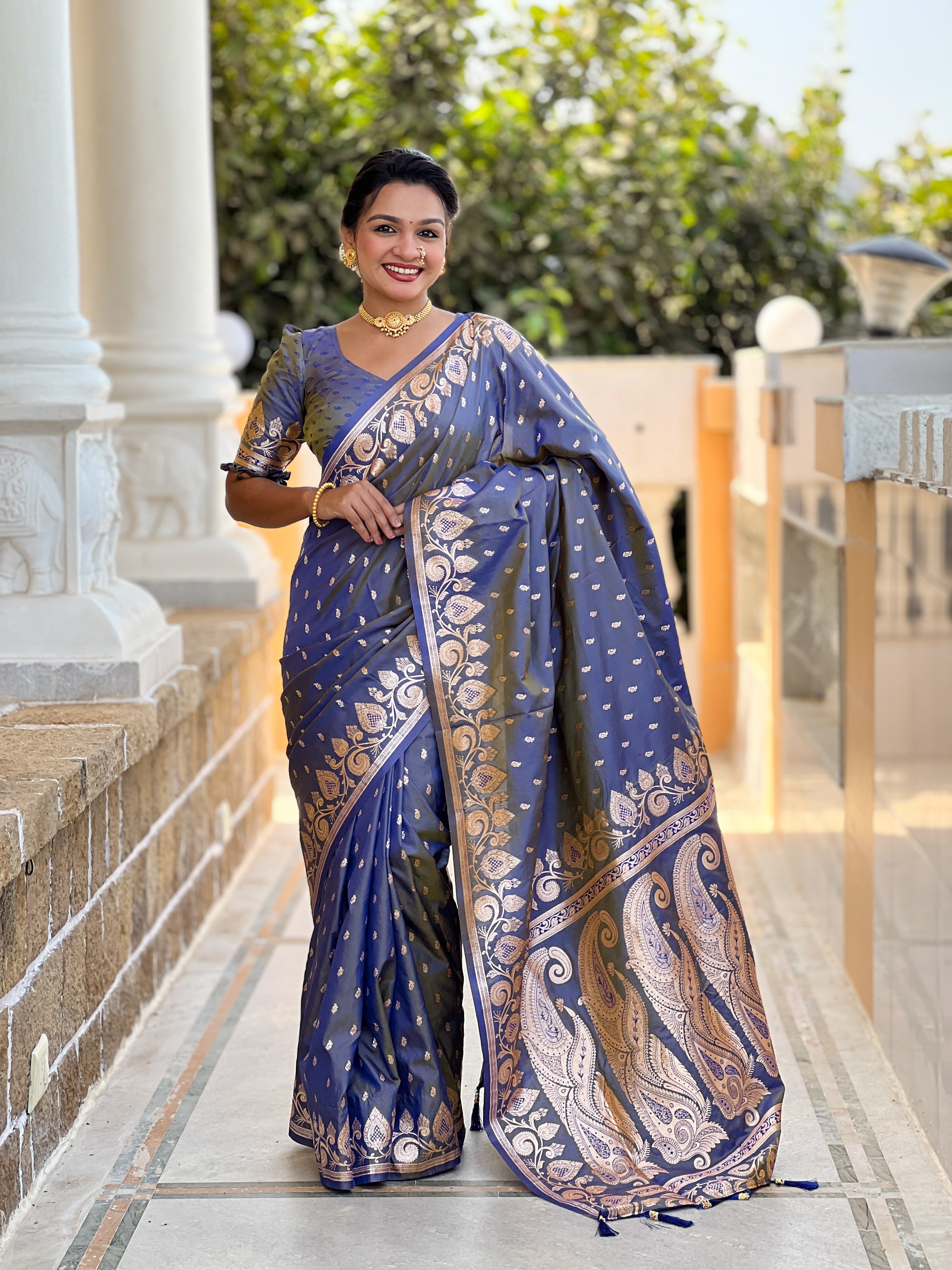 Soft Banarasi Silk Saree; Pure Silk Zari Weaving Saree; Rich Zari Pallu with Meenakari Border; Traditional Banarasi Sari with Tassels; Matching Soft Silk Woven Blouse Piece