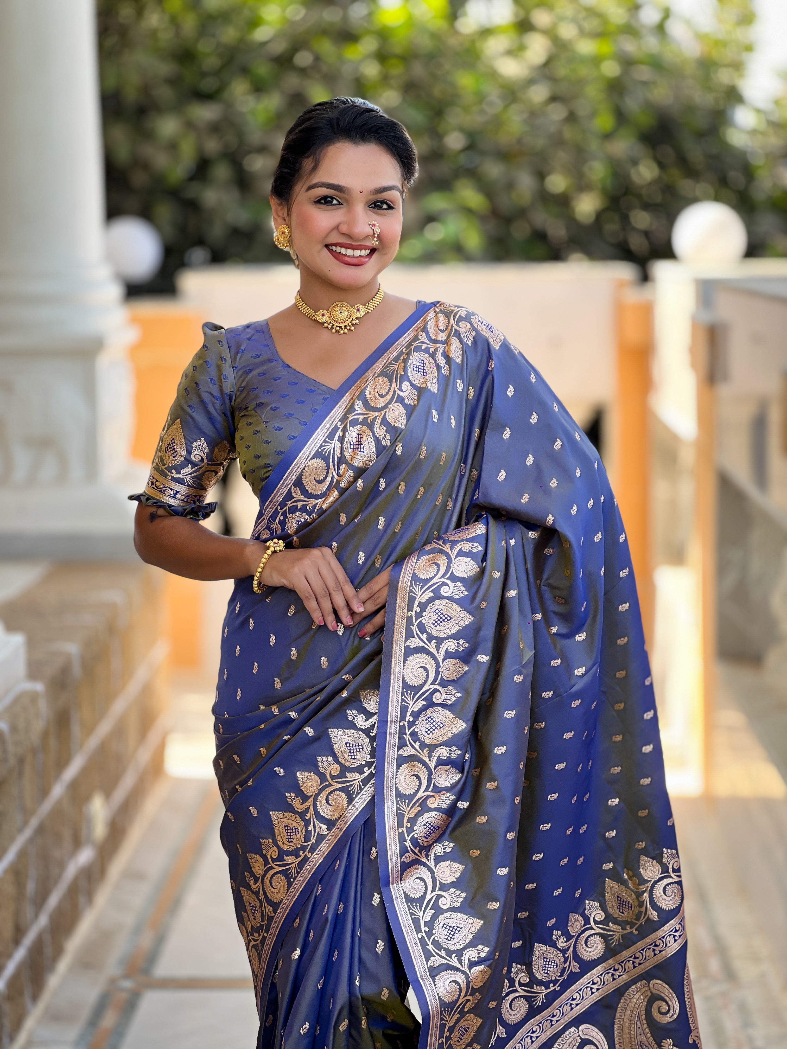 Soft Banarasi Silk Saree; Pure Silk Zari Weaving Saree; Rich Zari Pallu with Meenakari Border; Traditional Banarasi Sari with Tassels; Matching Soft Silk Woven Blouse Piece