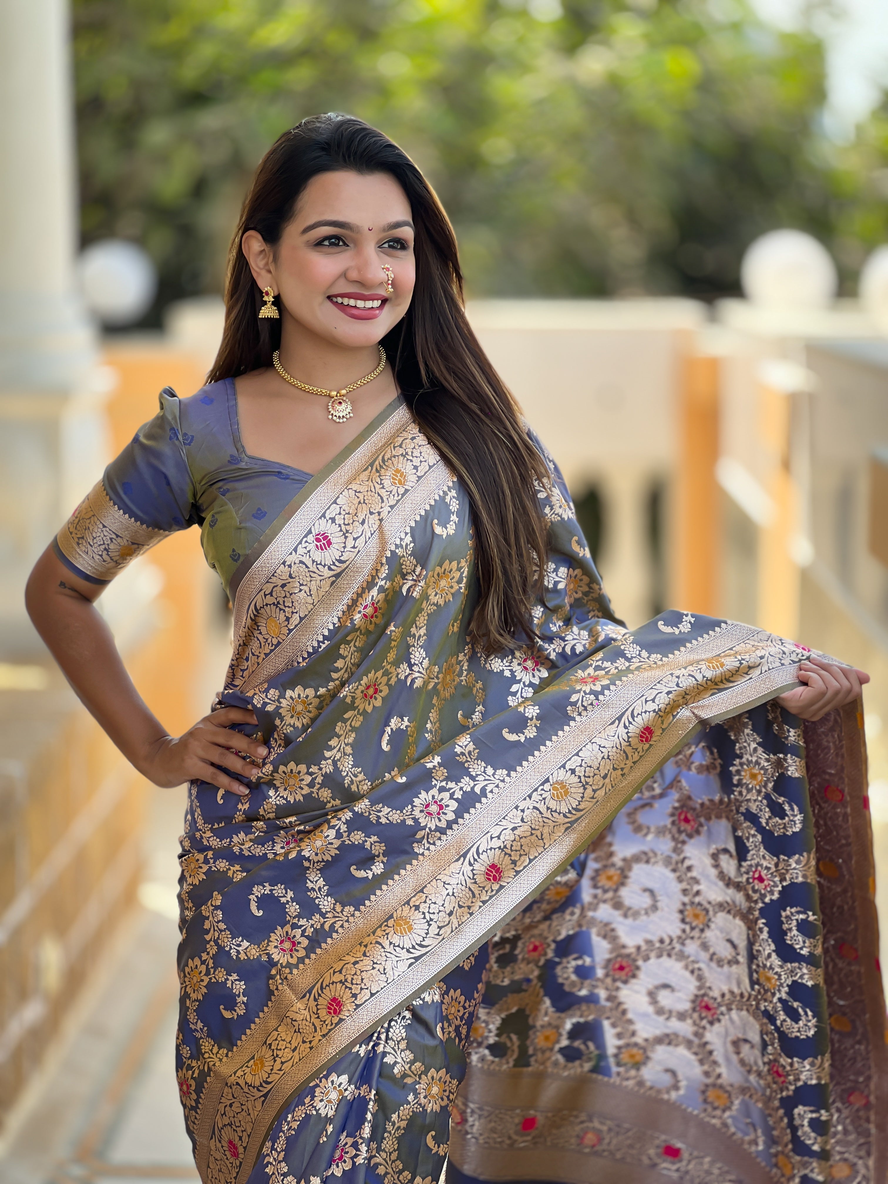 Soft Banarasi Silk Saree; Pure Silk Zari Weaving Saree; Traditional Meenakari Work Banarasi Sari; Rich Woven Pallu; Tassels on Pallu; Matching Soft Silk Woven Blouse Piece