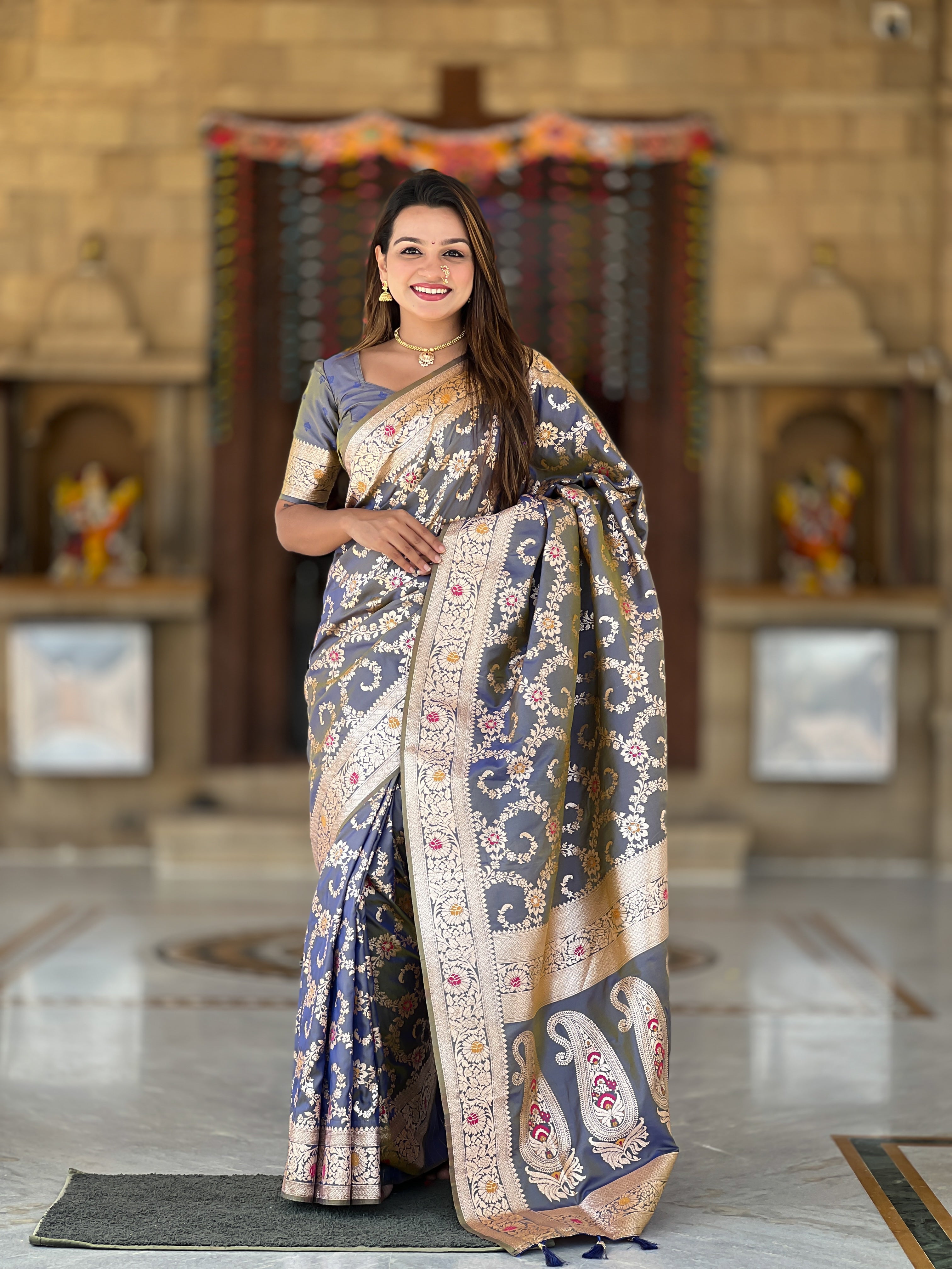 Soft Banarasi Silk Saree; Pure Silk Zari Weaving Saree; Traditional Meenakari Work Banarasi Sari; Rich Woven Pallu; Tassels on Pallu; Matching Soft Silk Woven Blouse Piece