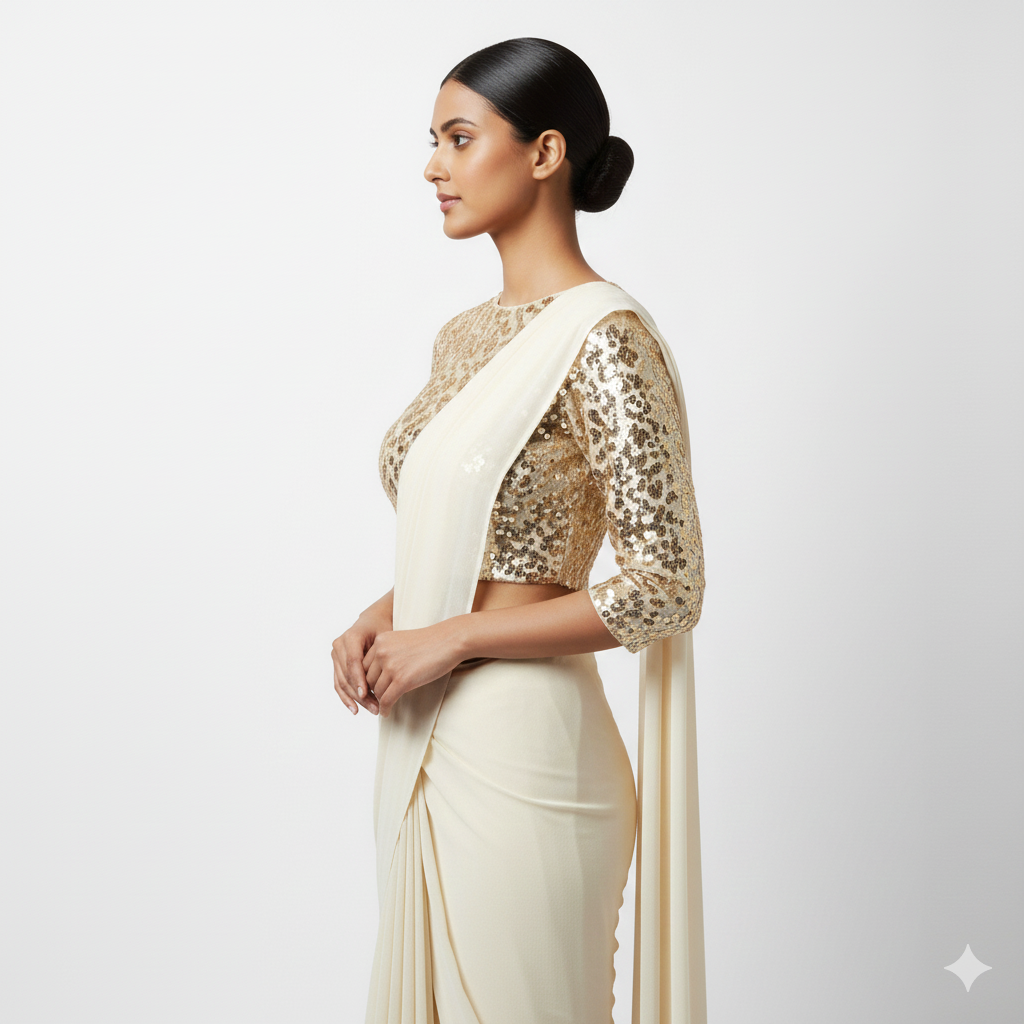 Cream georgette saree paired with cream sparkle velvet blouse in tone on tone style