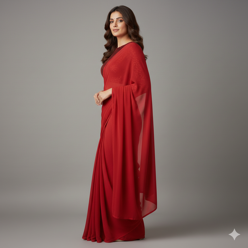 Red georgette saree paired with red sparkle velvet blouse in tone on tone style