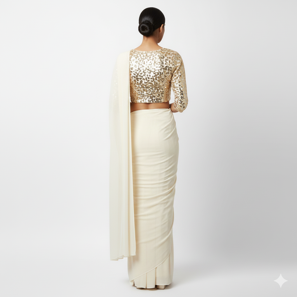Cream georgette saree paired with cream sparkle velvet blouse in tone on tone style