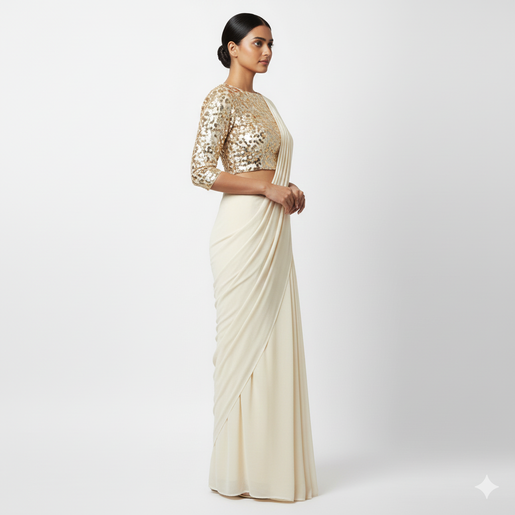 Cream georgette saree paired with cream sparkle velvet blouse in tone on tone style