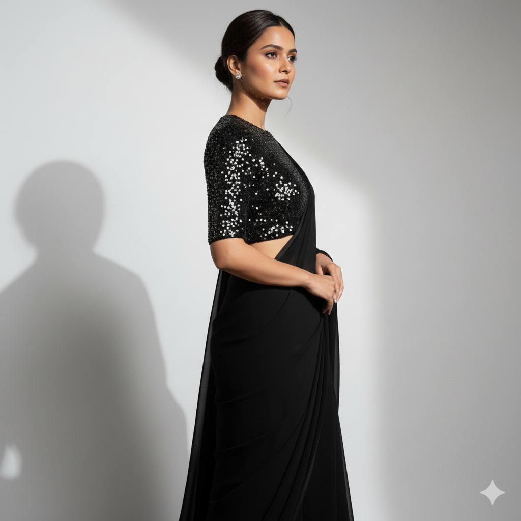 Black georgette saree paired with black sparkle velvet blouse in tone on tone style