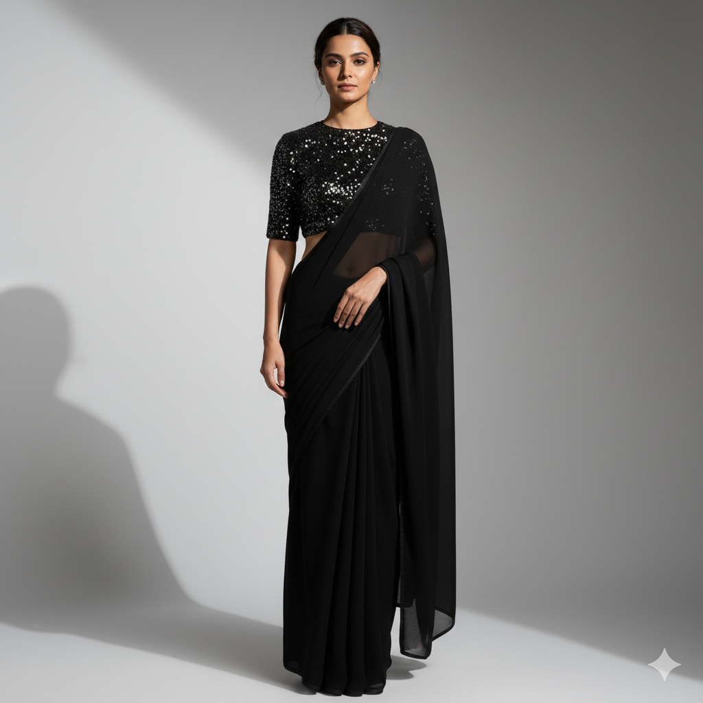 Black georgette saree paired with black sparkle velvet blouse in tone on tone style
