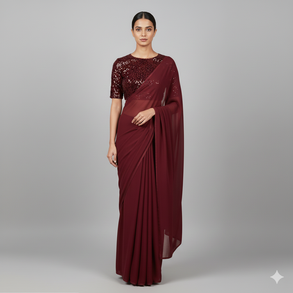 Maroon georgette saree paired with maroon sparkle velvet blouse in tone on tone style
