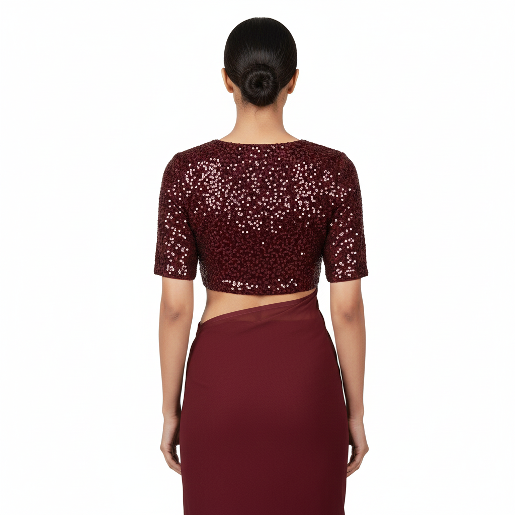 Maroon georgette saree paired with maroon sparkle velvet blouse in tone on tone style