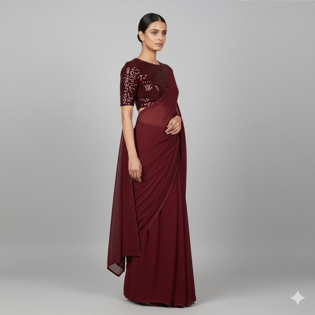 Maroon georgette saree paired with maroon sparkle velvet blouse in tone on tone style