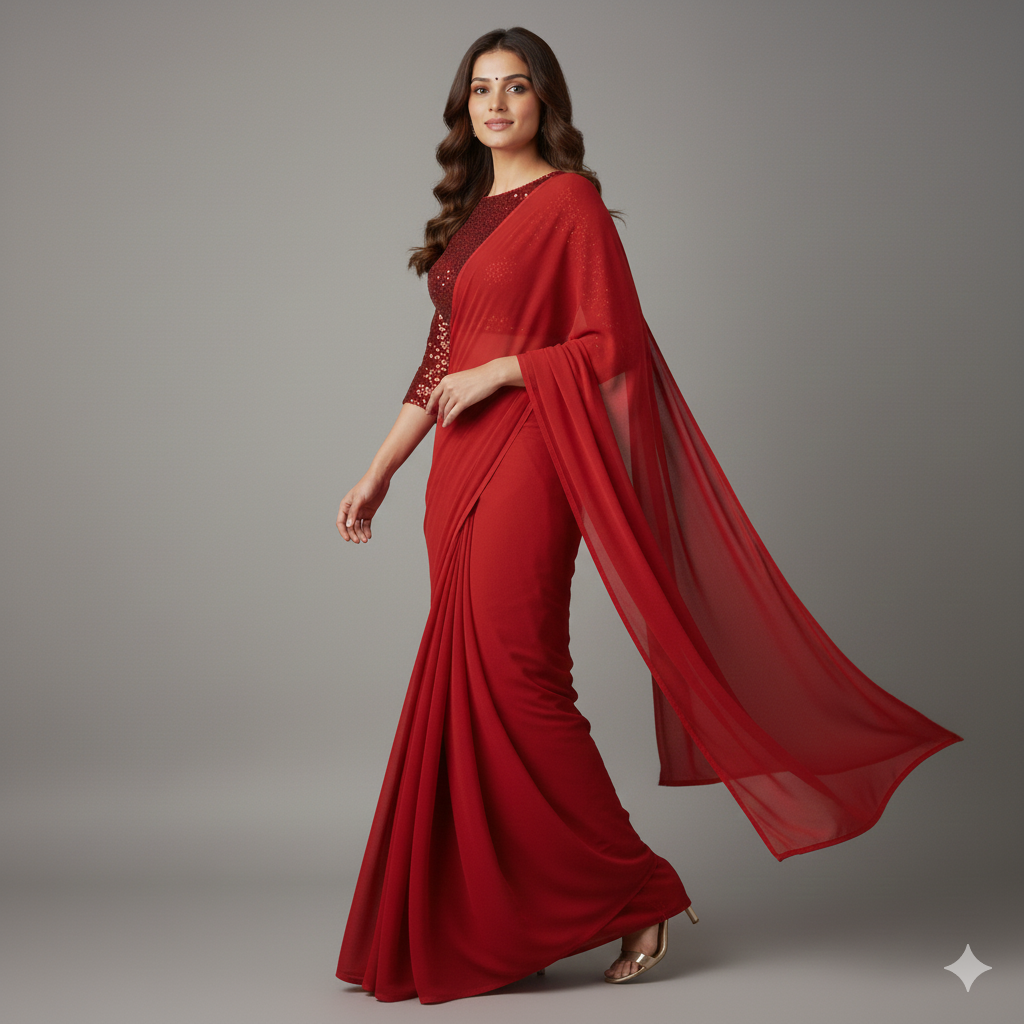 Red georgette saree paired with red sparkle velvet blouse in tone on tone style