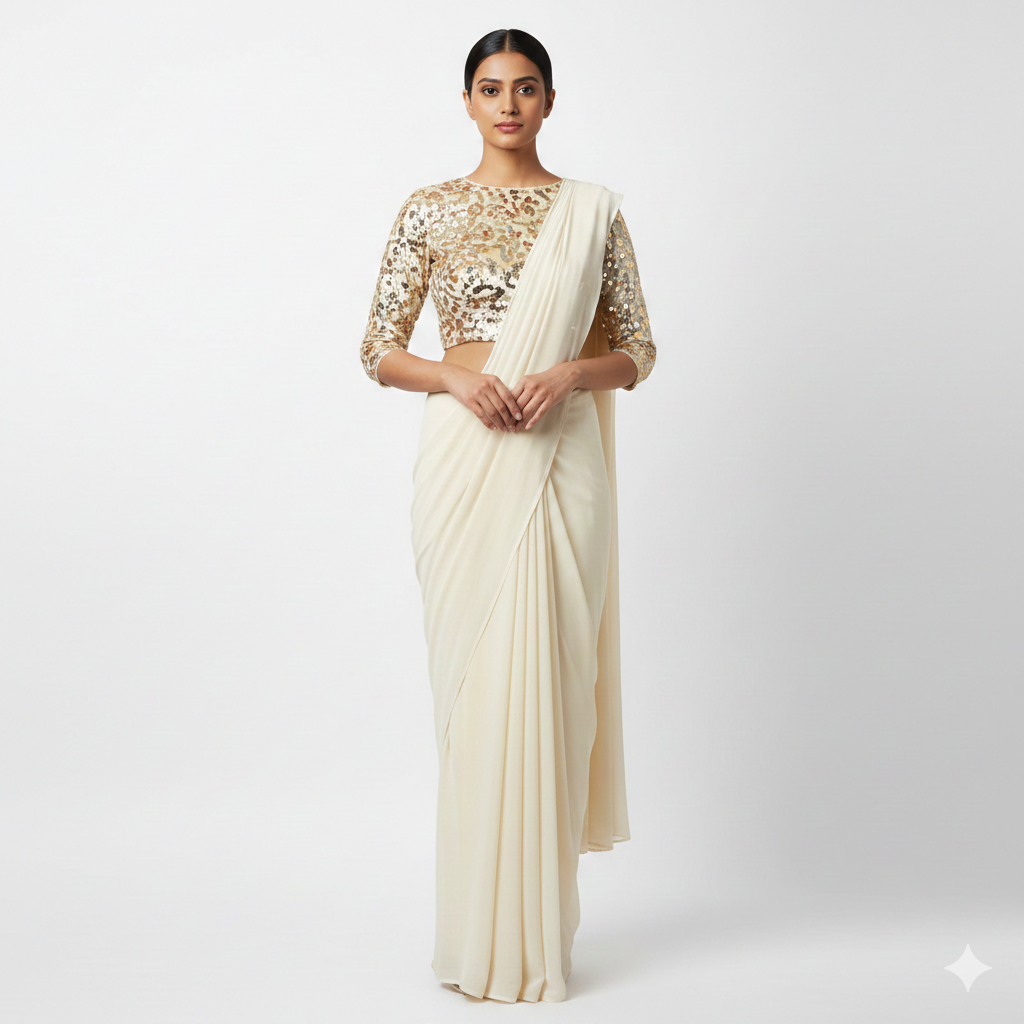 Cream georgette saree paired with cream sparkle velvet blouse in tone on tone style