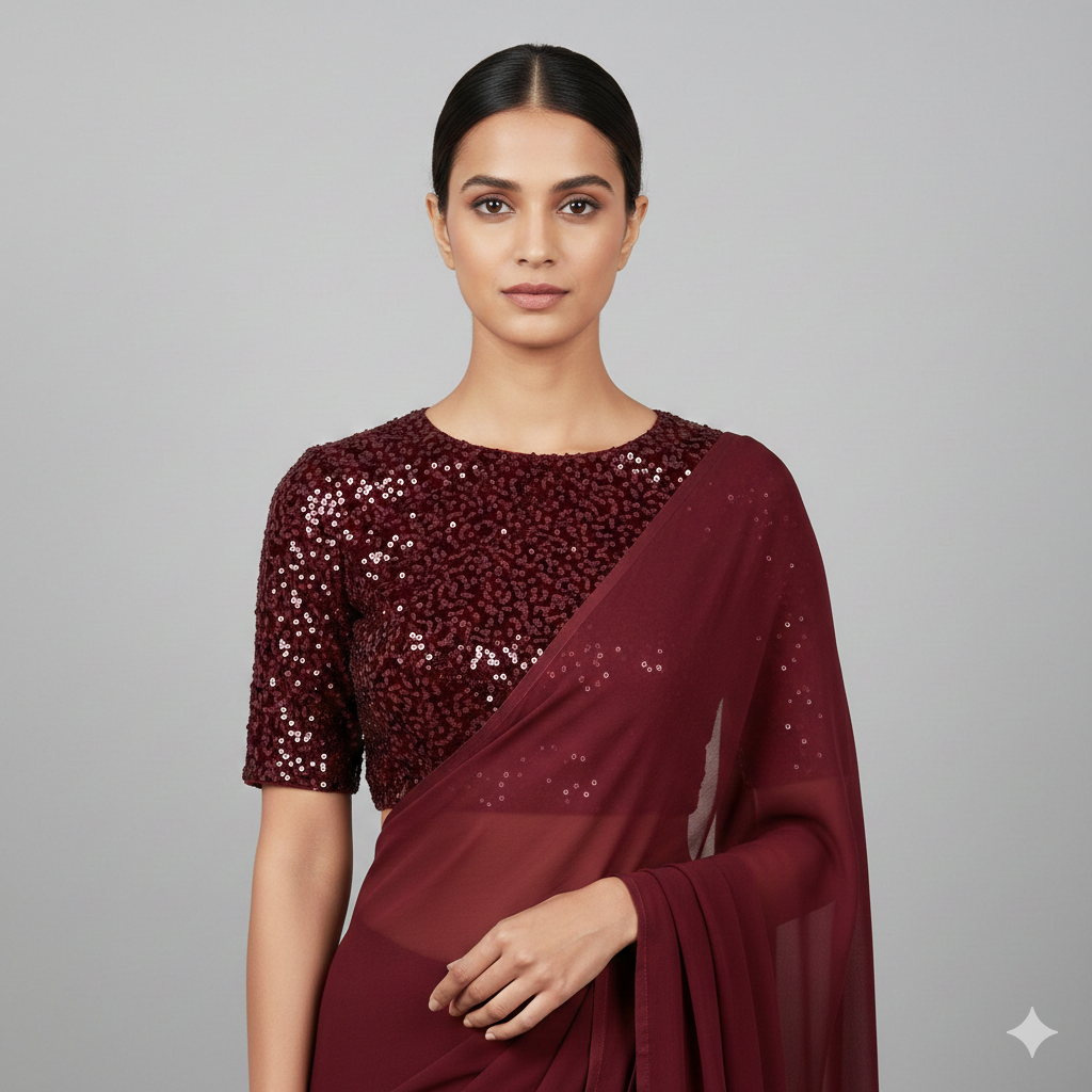 Maroon georgette saree paired with maroon sparkle velvet blouse in tone on tone style