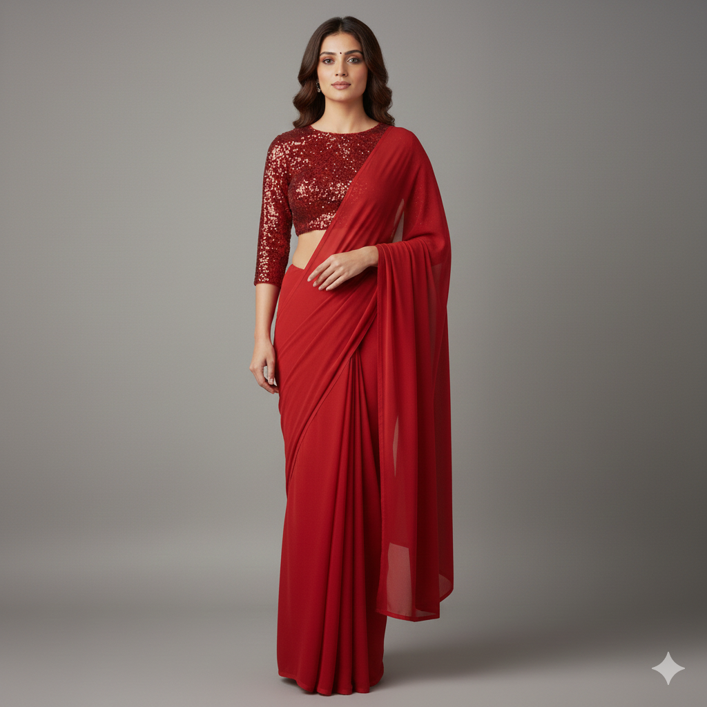 Red georgette saree paired with red sparkle velvet blouse in tone on tone style