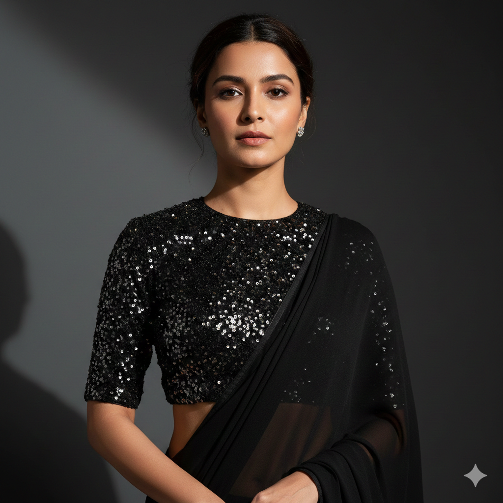 Black georgette saree paired with black sparkle velvet blouse in tone on tone style