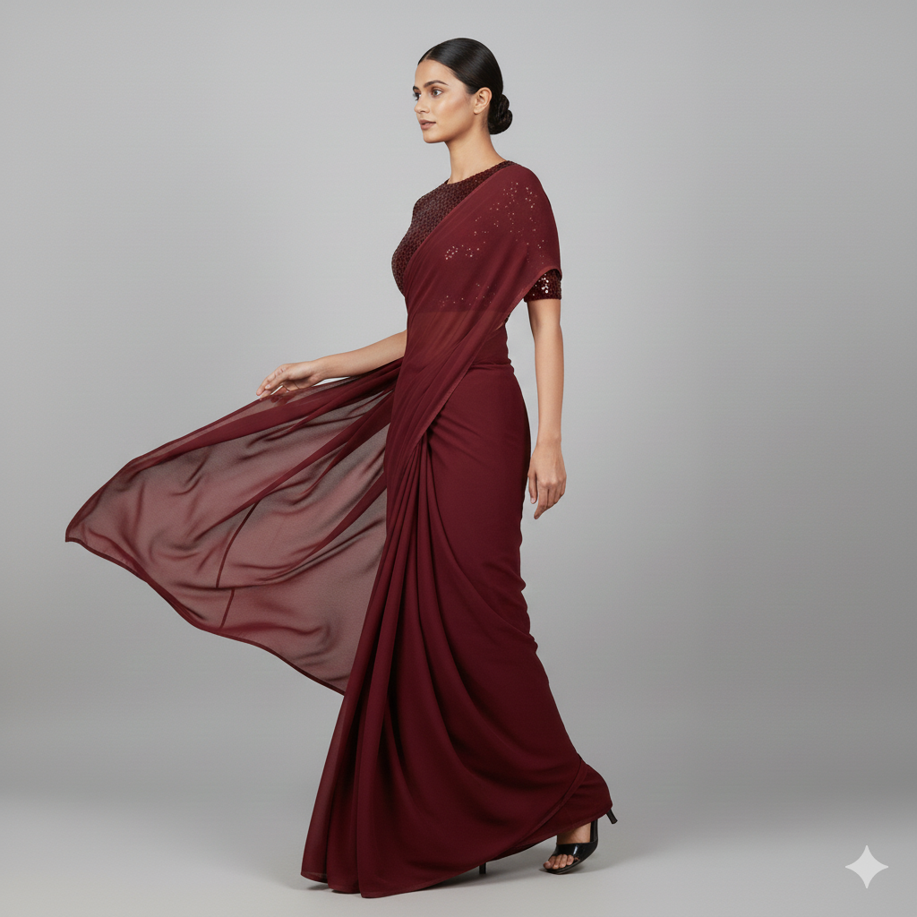 Maroon georgette saree paired with maroon sparkle velvet blouse in tone on tone style