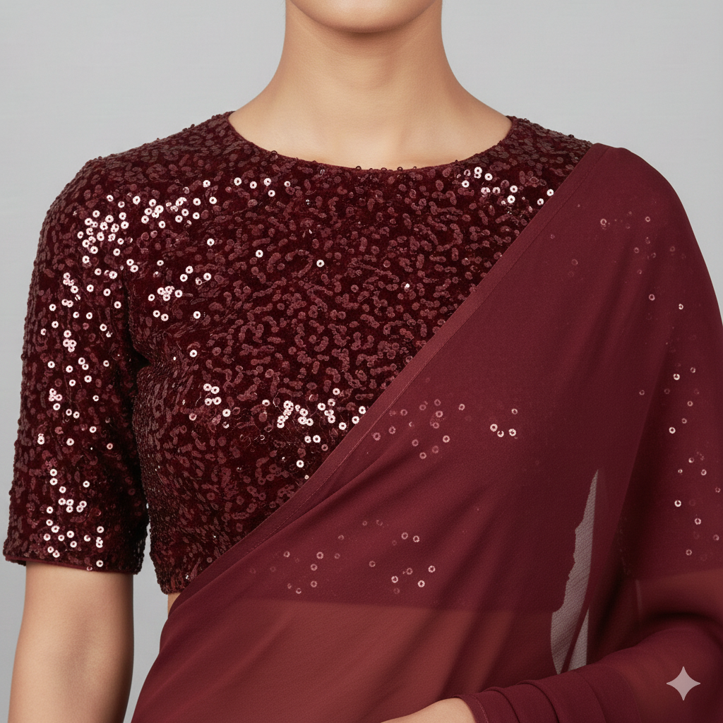 Maroon georgette saree paired with maroon sparkle velvet blouse in tone on tone style