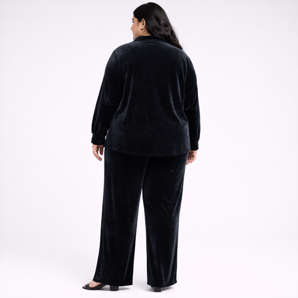 Grey Solid Velvet Plus Size Pant Shirt Co-Ord Set for Women – 5XL