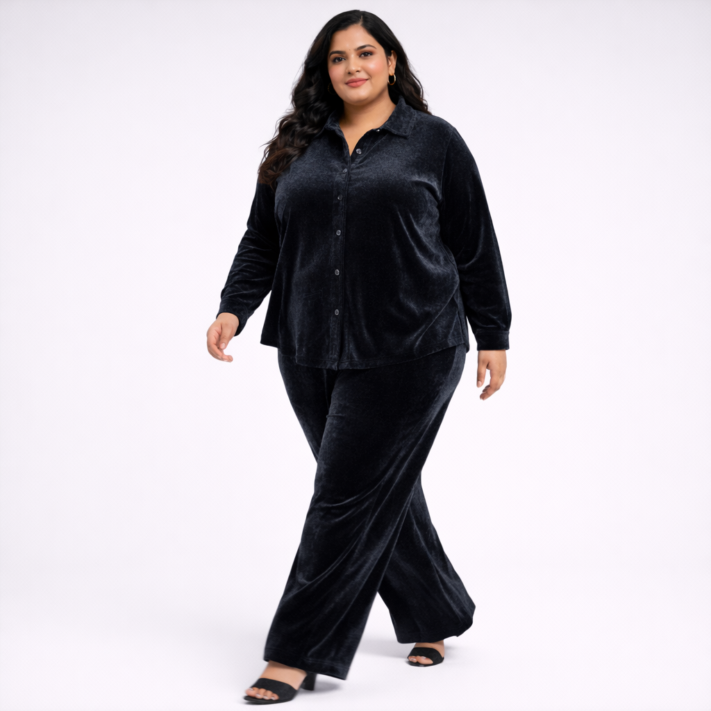 Grey Solid Velvet Plus Size Pant Shirt Co-Ord Set for Women – 6XL