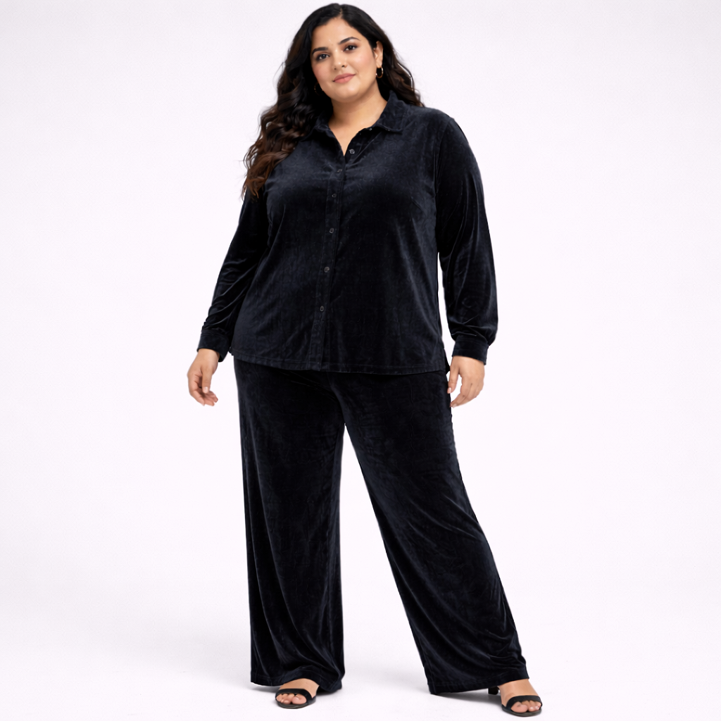 Grey Solid Velvet Plus Size Pant Shirt Co-Ord Set for Women – 8XL