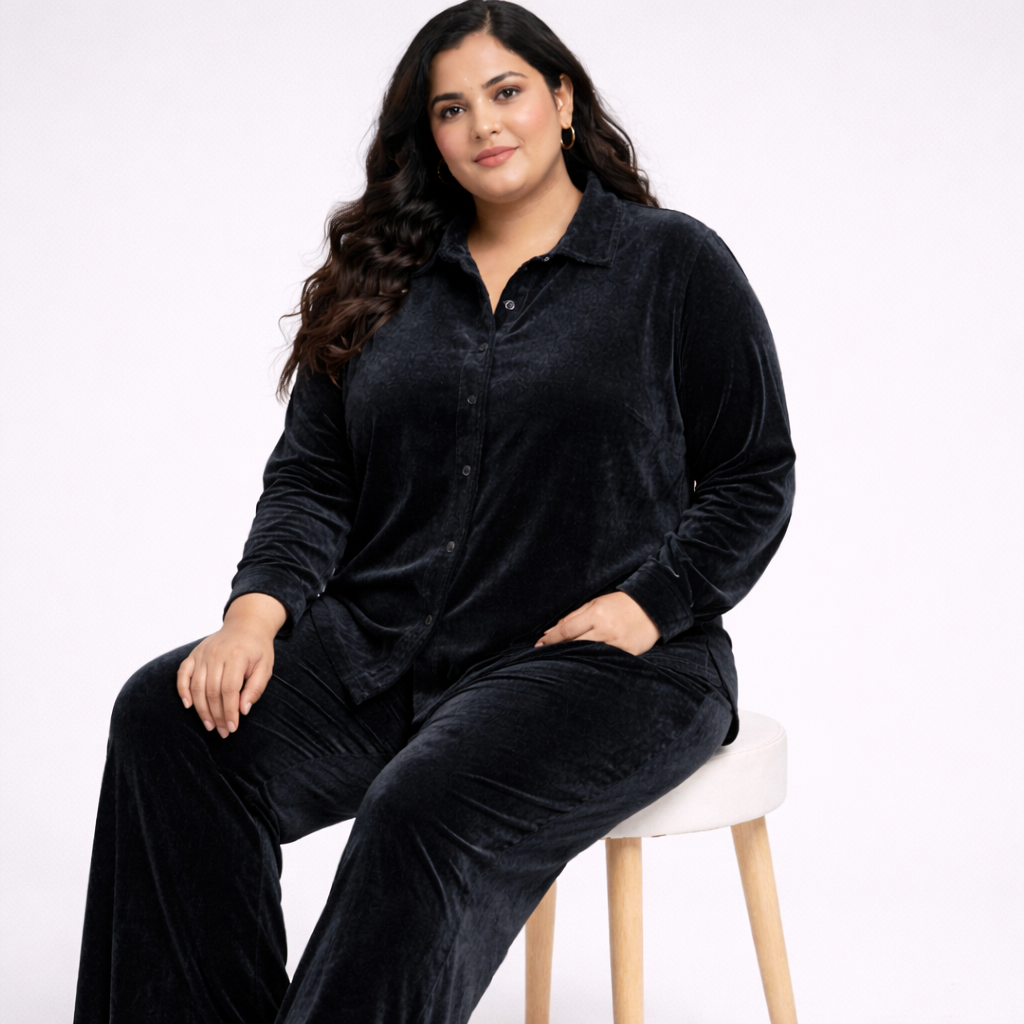 Grey Solid Velvet Plus Size Pant Shirt Co-Ord Set for Women – 10XL