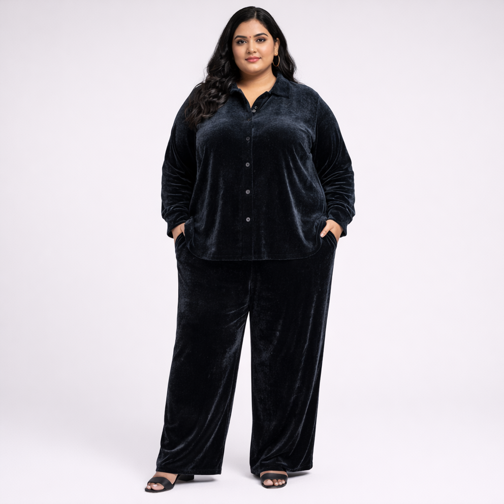 Grey Solid Velvet Plus Size Pant Shirt Co-Ord Set for Women – 8XL