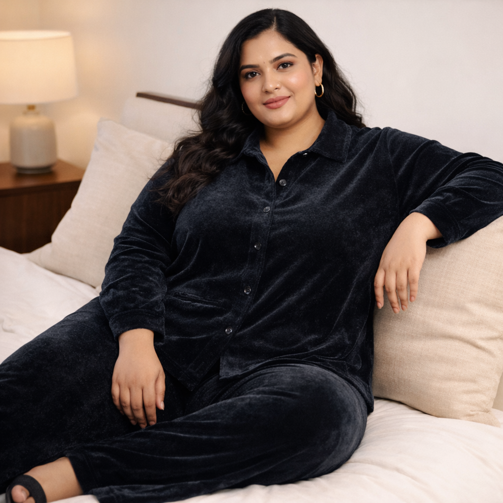 Grey Solid Velvet Plus Size Pant Shirt Co-Ord Set for Women – 7XL