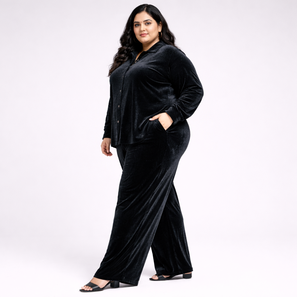 Grey Solid Velvet Plus Size Pant Shirt Co-Ord Set for Women – 8XL
