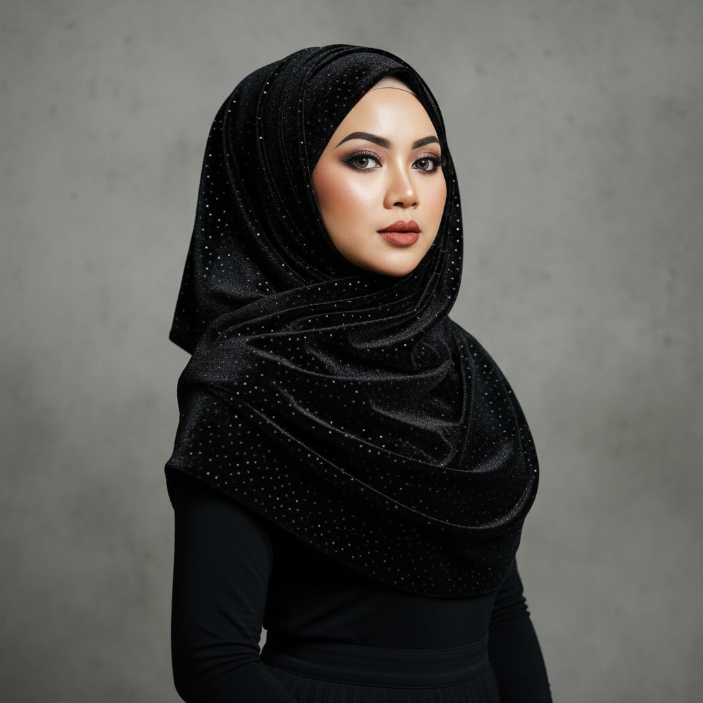 Sparkle Velvet Black Hijab – 1.50 Meter Premium Shimmer Modest Scarf