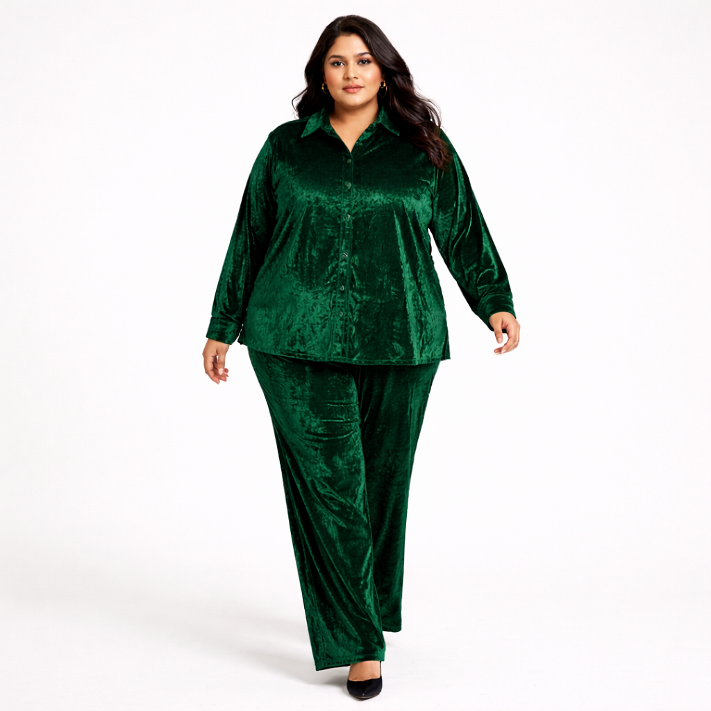 Green Solid Velvet Plus Size Pant Shirt Co-Ord Set for Women – 6XL
